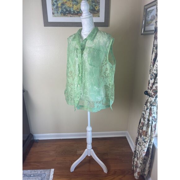 Bamboo Traders Womens Semi Sheer Batik Print Top Sz 2X Lime Green Fairy Retro - Picture 8 of 14